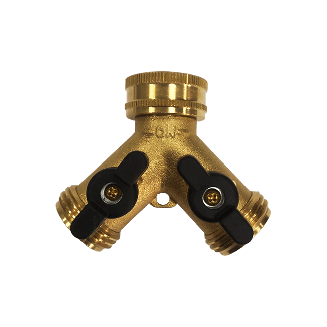 2-Way Brass Y Garden Hose Connector with Shut-Off Valve